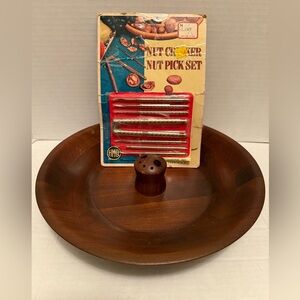 H. M. Quackenbush Inc. Vintage Nutcracker Nut Pick Set + Vintage Wooden Nut Bowl